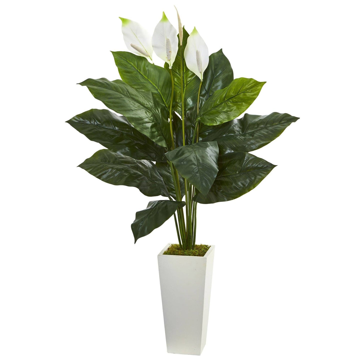 Planta artificial Spathiphyllum de 51” en jardinera tipo torre blanca