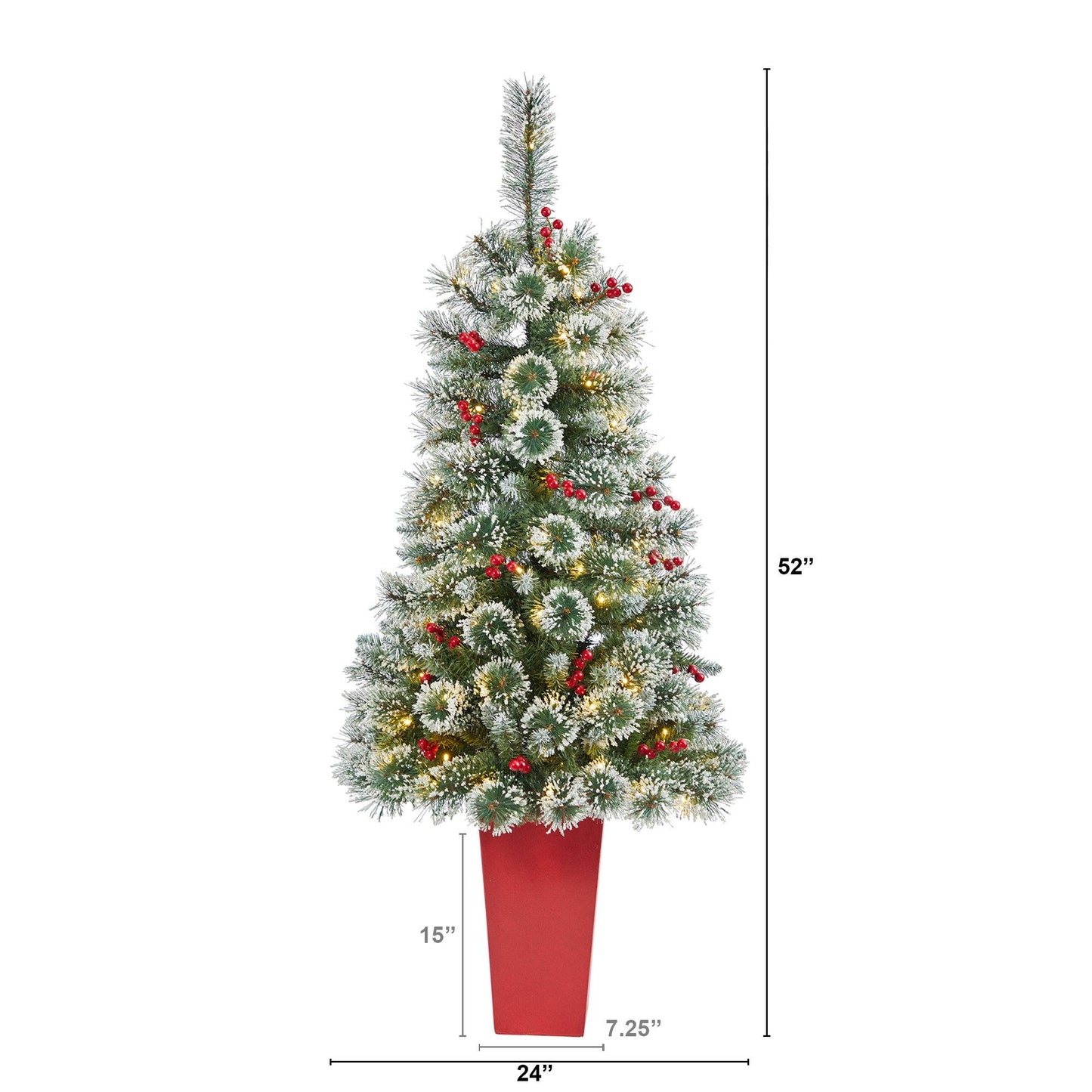 Árbol de Navidad artificial de pino suizo esmerilado de 52" con 100 luces LED transparentes y bayas en maceta roja