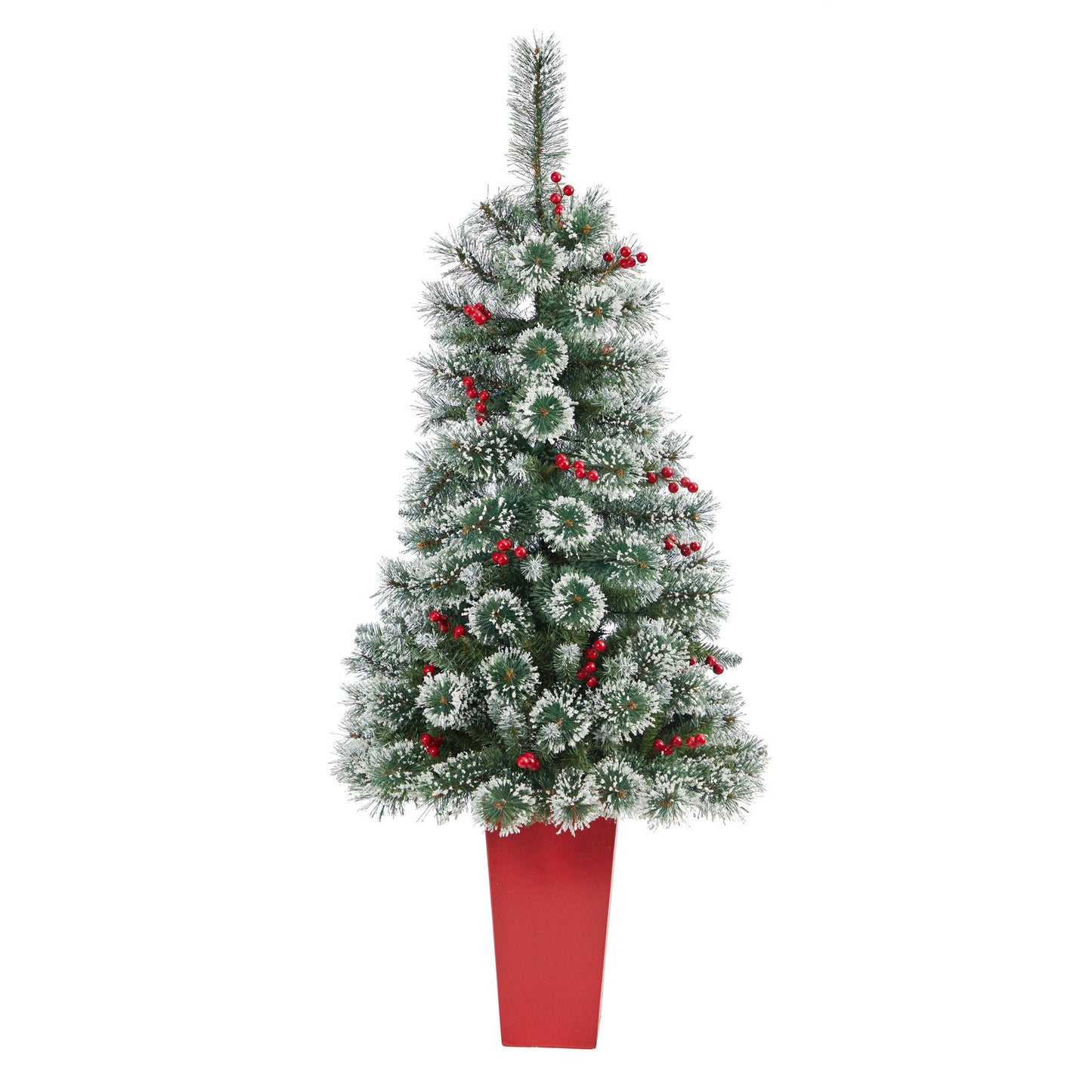 Árbol de Navidad artificial de pino suizo esmerilado de 52" con 100 luces LED transparentes y bayas en maceta roja