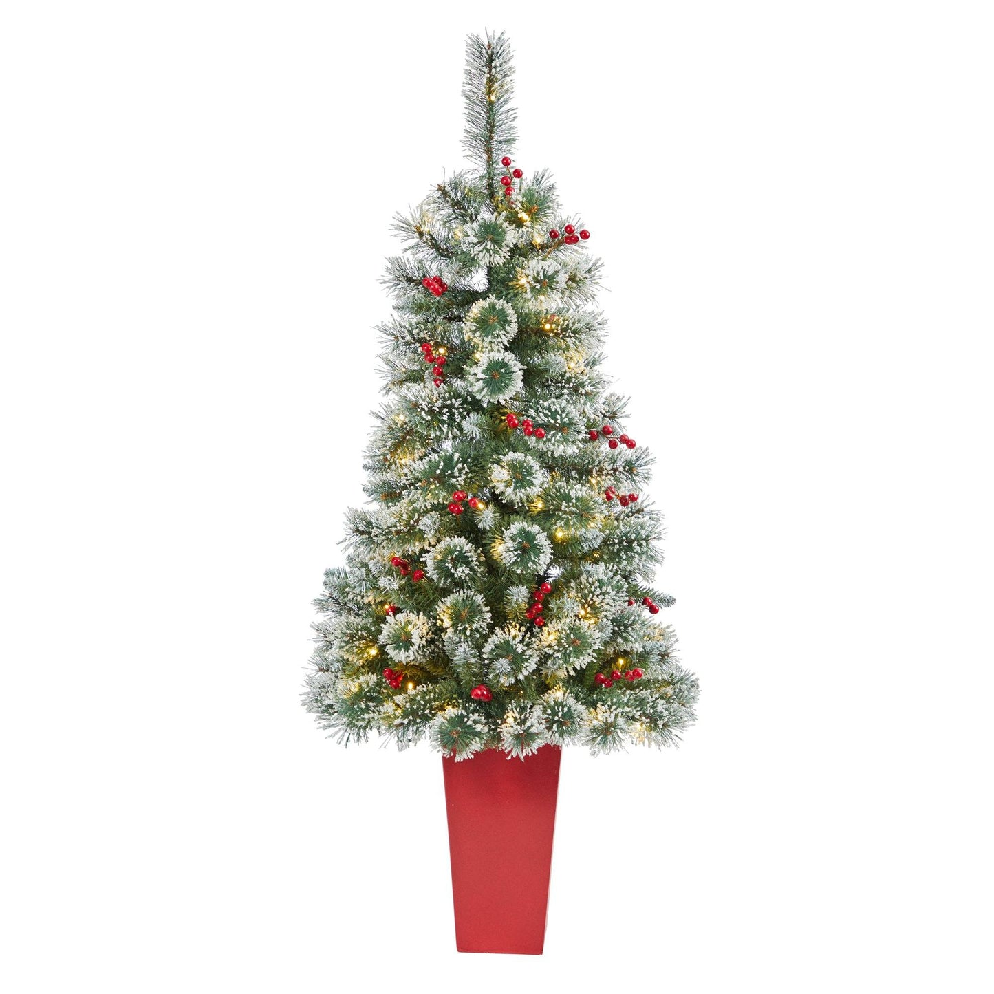 Árbol de Navidad artificial de pino suizo esmerilado de 52" con 100 luces LED transparentes y bayas en maceta roja