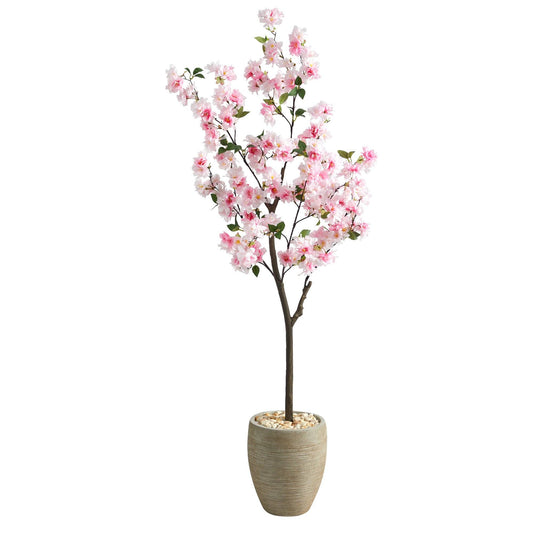 Árbol artificial de cerezo en flor de 5,5 pies en maceta de color arena