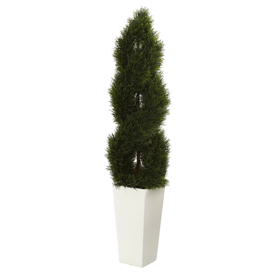 Árbol topiario artificial de ciprés doble en espiral de 5,5 pies en maceta blanca (interior/exterior)