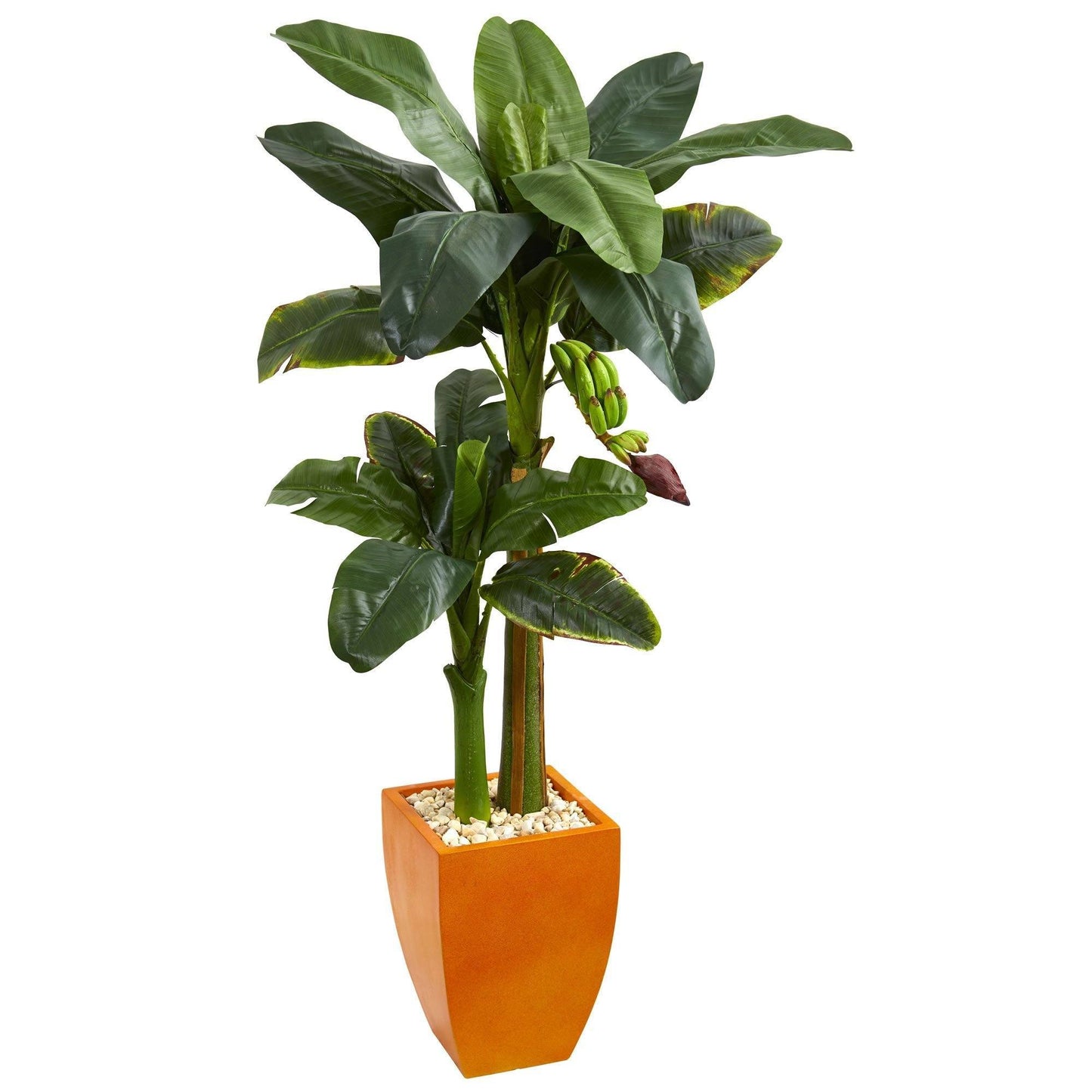 Árbol artificial de plátano de doble tallo de 5,5 pies en maceta naranja