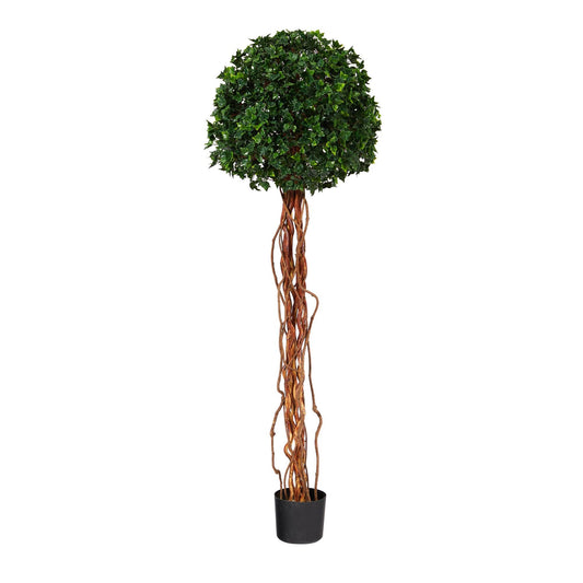 Árbol topiario artificial de una sola bola de hiedra inglesa de 5,5 pies con tronco natural resistente a los rayos UV (interior/exterior)