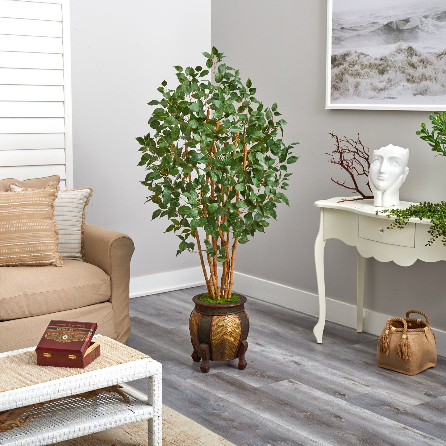 Árbol artificial de 5,5 pies de largo con forma de ficus en maceta decorativa