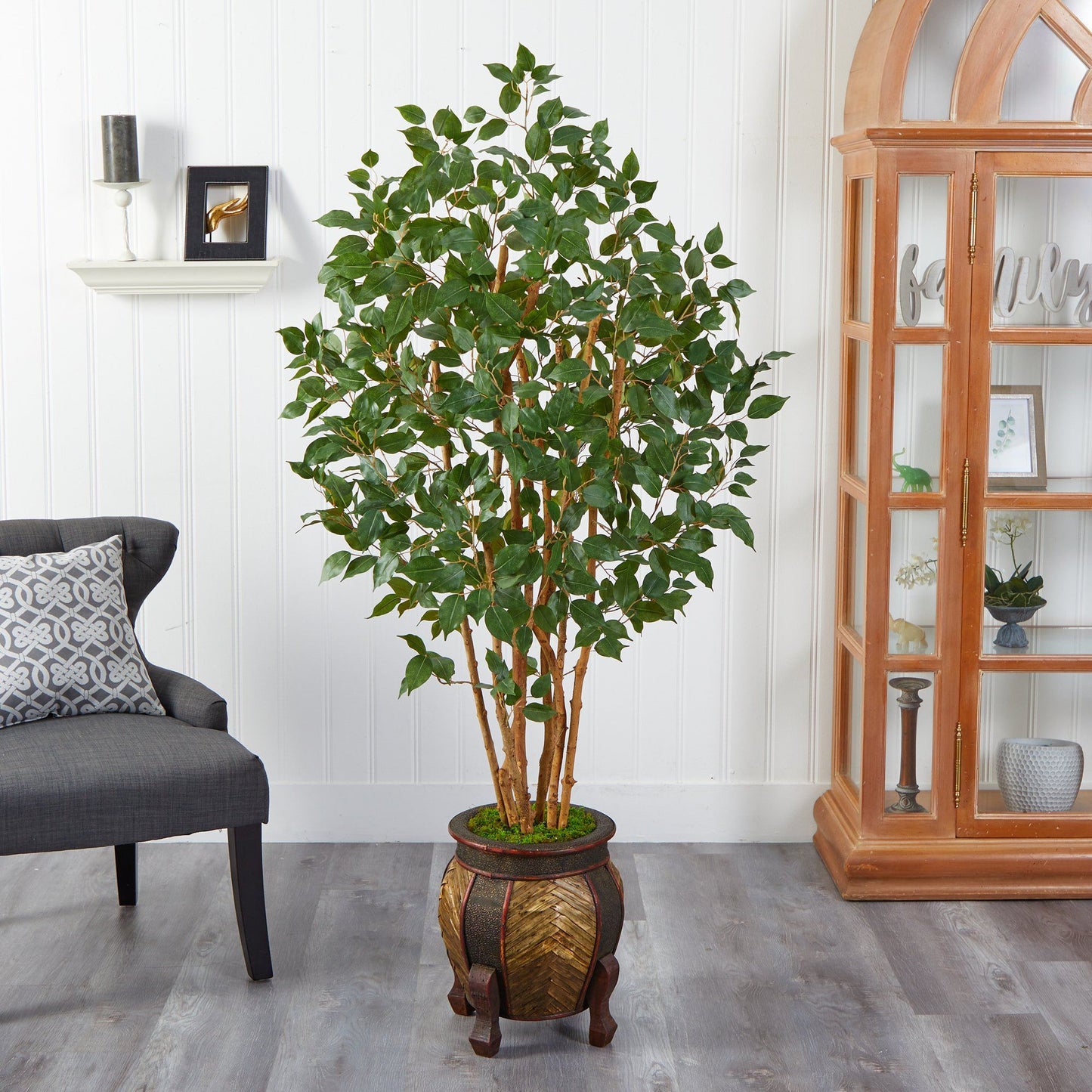 Árbol artificial de 5,5 pies de largo con forma de ficus en maceta decorativa