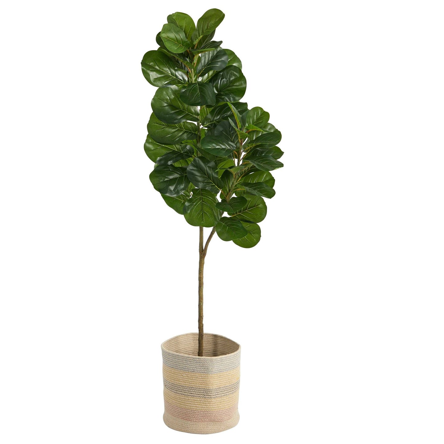 5.5’ Fiddle Leaf Fig Artificial Tree in Handmade Natural Cotton Multicolored Woven Planter