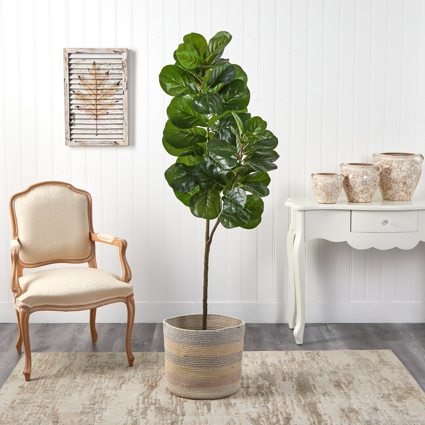 5.5’ Fiddle Leaf Fig Artificial Tree in Handmade Natural Cotton Multicolored Woven Planter