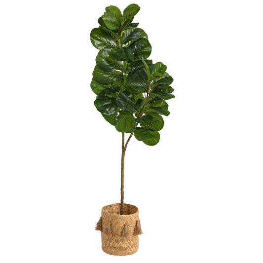 5.5’ Fiddle Leaf Fig Artificial Tree in Handmade Natural Jute Planter with Tassels