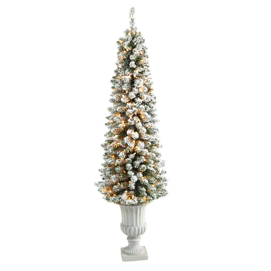 5.5’ Flocked Pencil Artificial Christmas Tree with 200 Clear Lights and 318 Bendable Branches in Decorative Urn