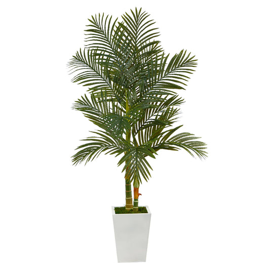 5.5’ Golden Cane Artificial Palm Tree in White Metal Planter