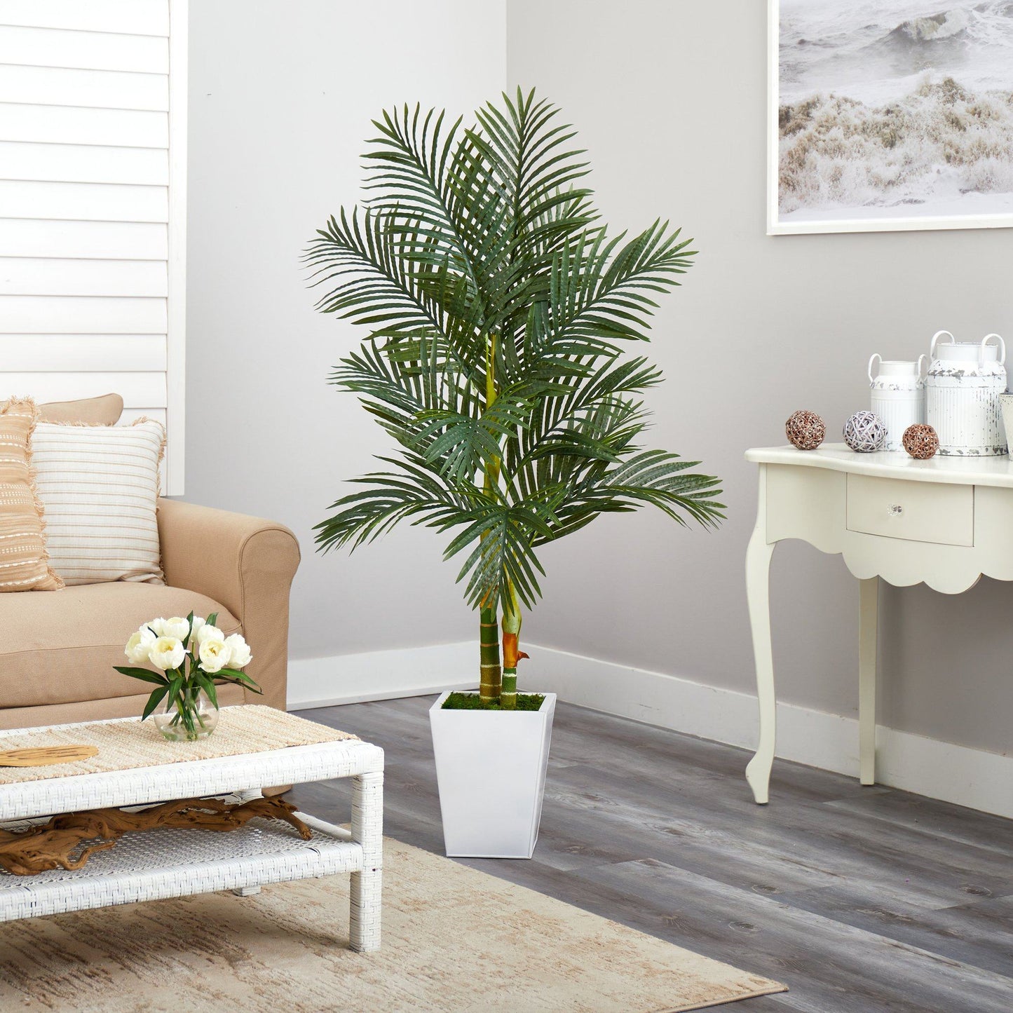 5.5’ Golden Cane Artificial Palm Tree in White Metal Planter