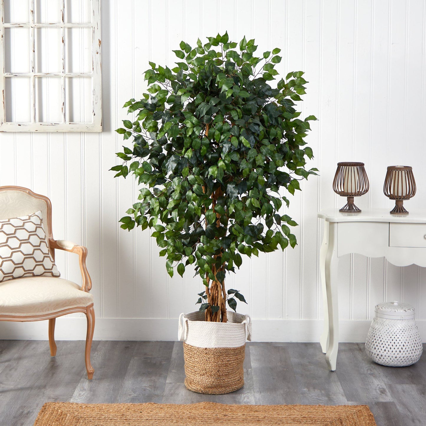 Árbol artificial de ficus Palace de 5,5 pies con macetero de yute y algodón natural hecho a mano