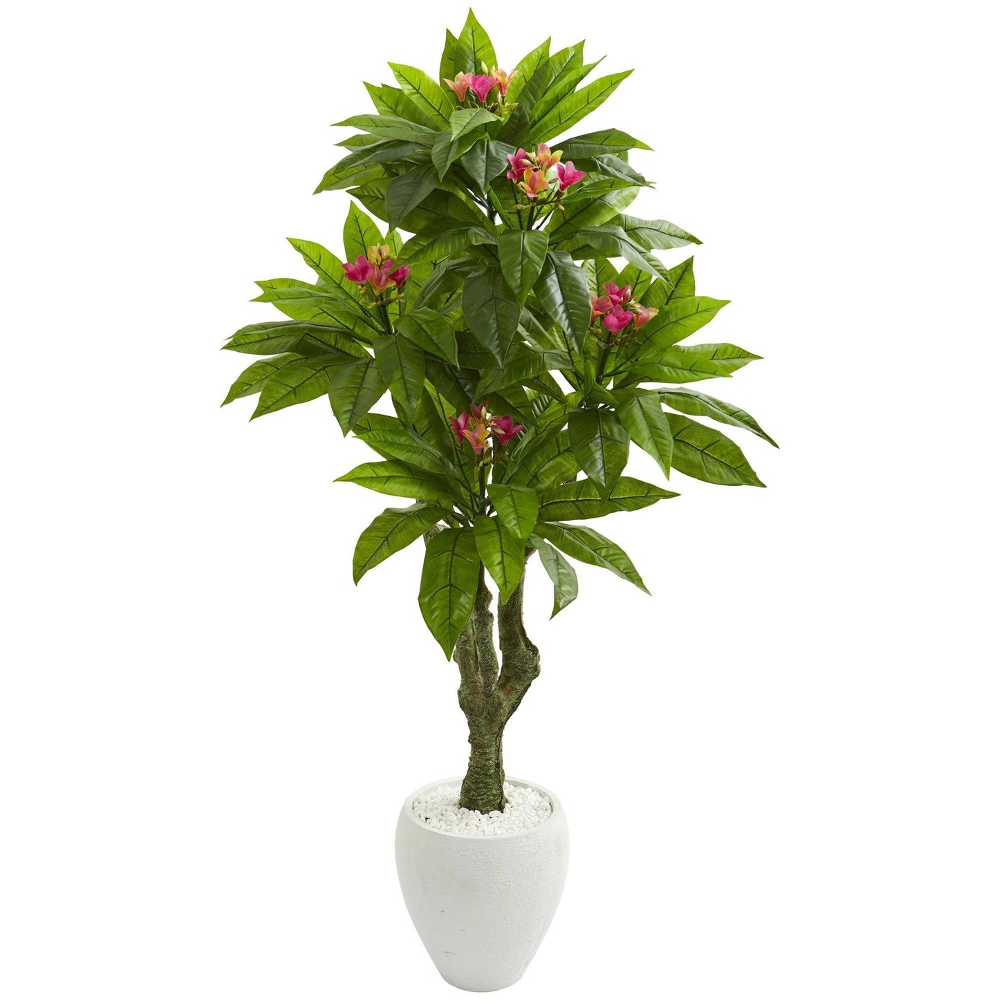 Arbre artificiel Plumeria de 5,5 pi dans une jardinière blanche (intérieur/extérieur)