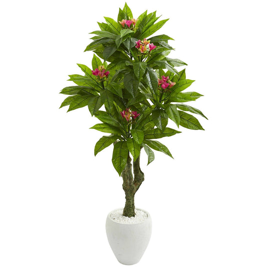 5.5’ Plumeria Artificial Tree in White Planter (Indoor/Outdoor)