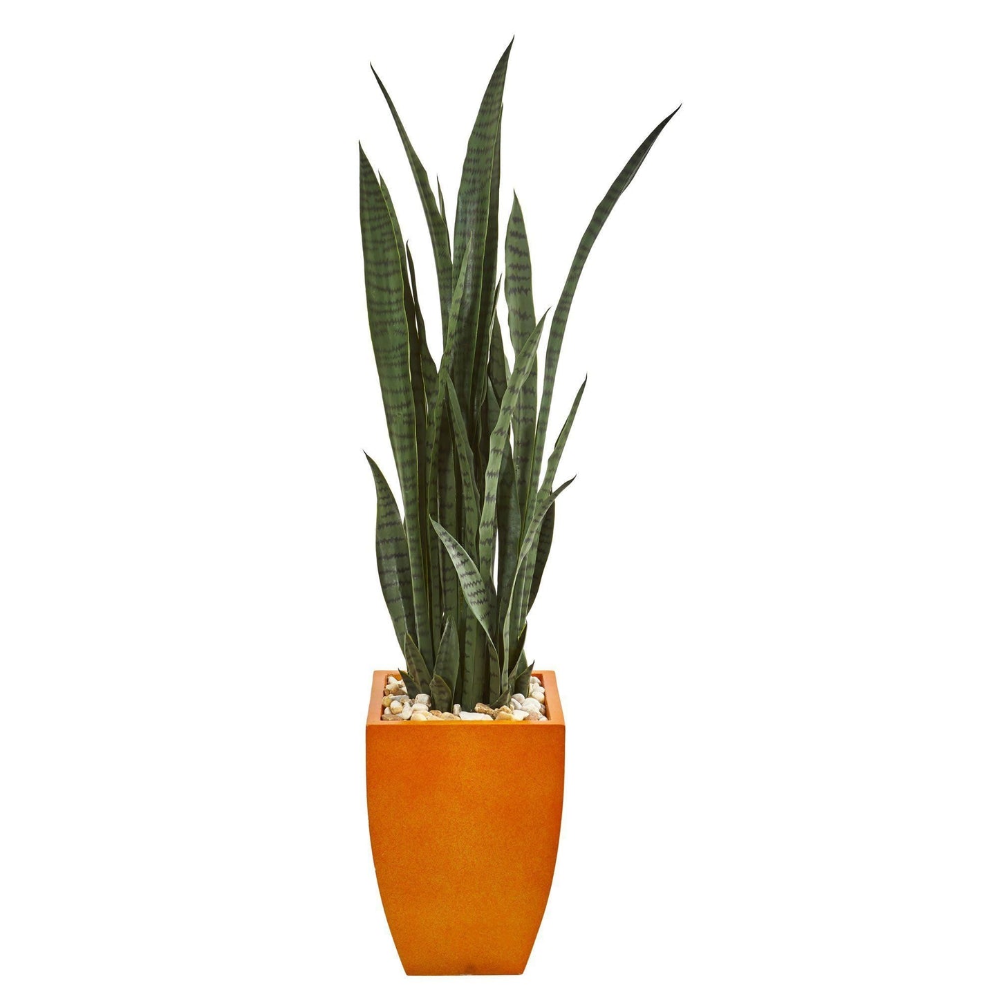 Plante artificielle Sansevieria de 55 po dans un pot orange