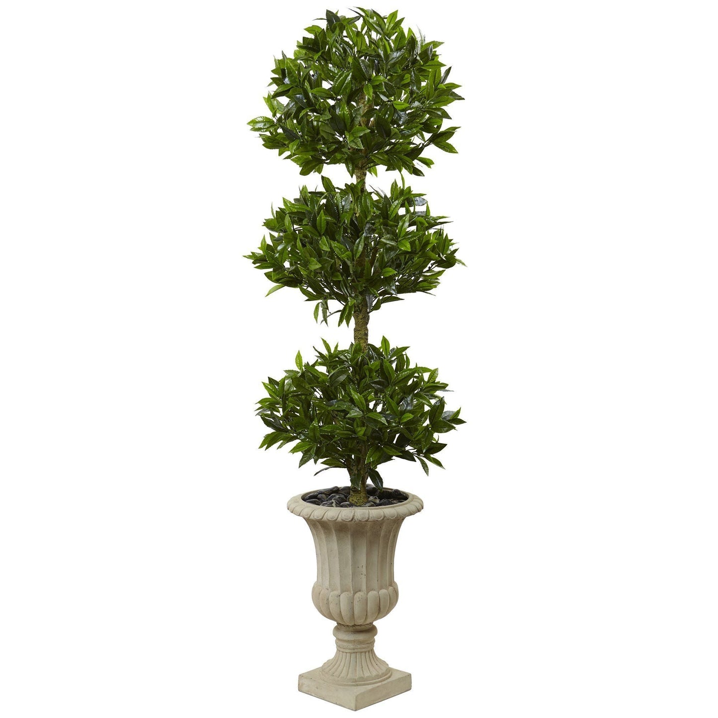 Árbol topiario artificial de hojas de laurel triples de 5,5 pies en urna resistente a los rayos UV (interior/exterior)