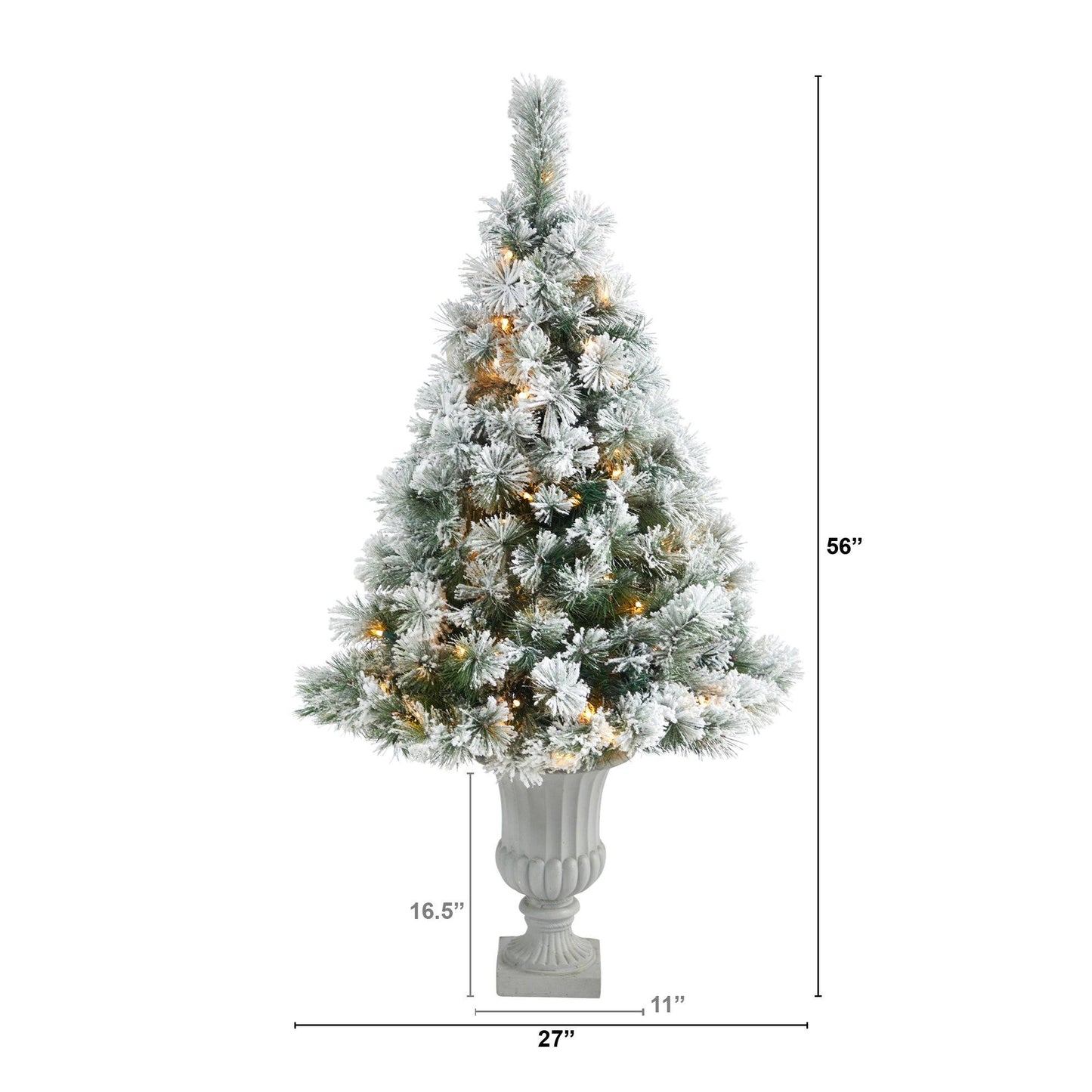 Árbol de Navidad artificial de pino de Oregón flocado de 56" con 100 luces transparentes y 215 ramas flexibles en urna decorativa