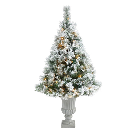 Árbol de Navidad artificial de pino de Oregón flocado de 56" con 100 luces transparentes y 215 ramas flexibles en urna decorativa