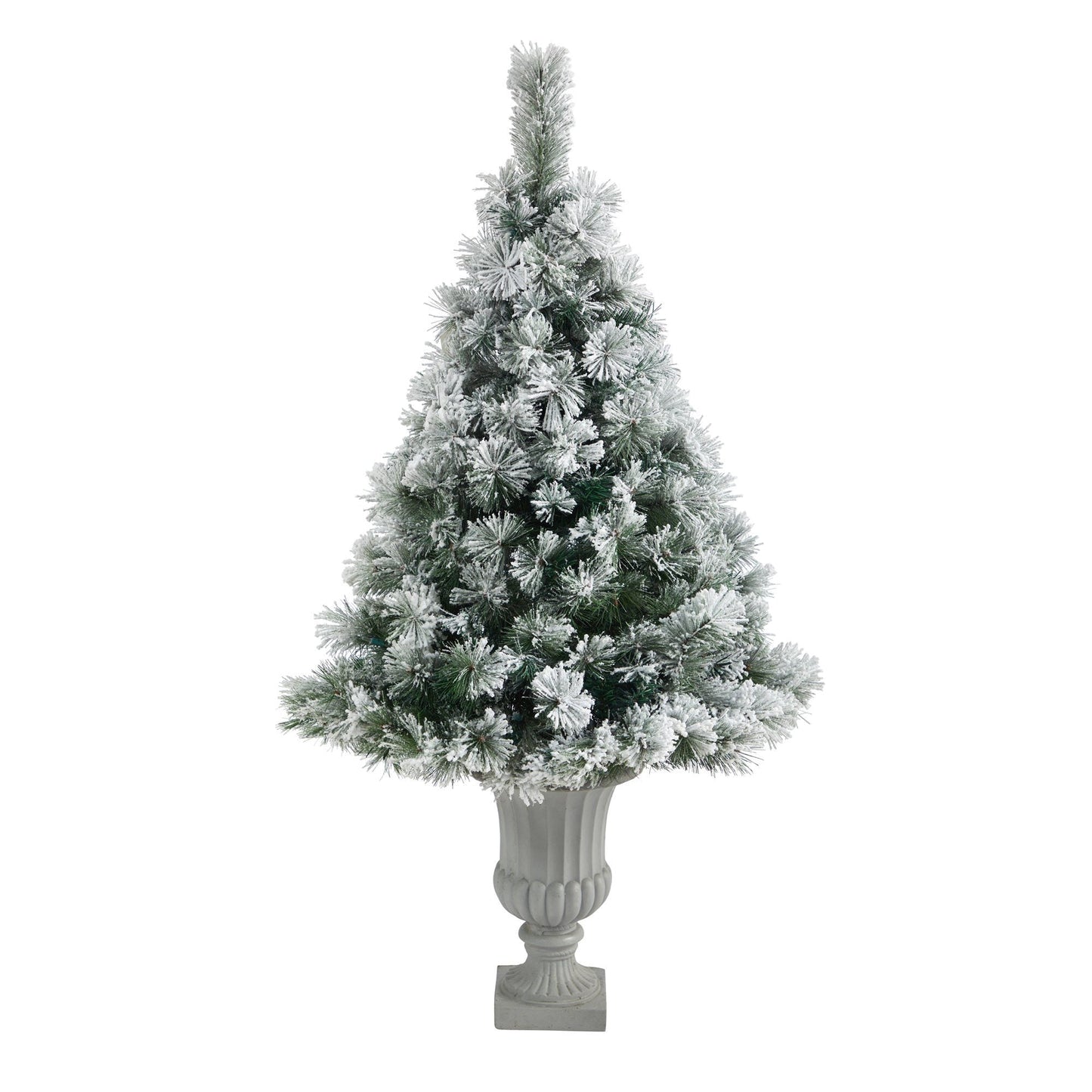 Árbol de Navidad artificial de pino de Oregón flocado de 56" con 100 luces transparentes y 215 ramas flexibles en urna decorativa