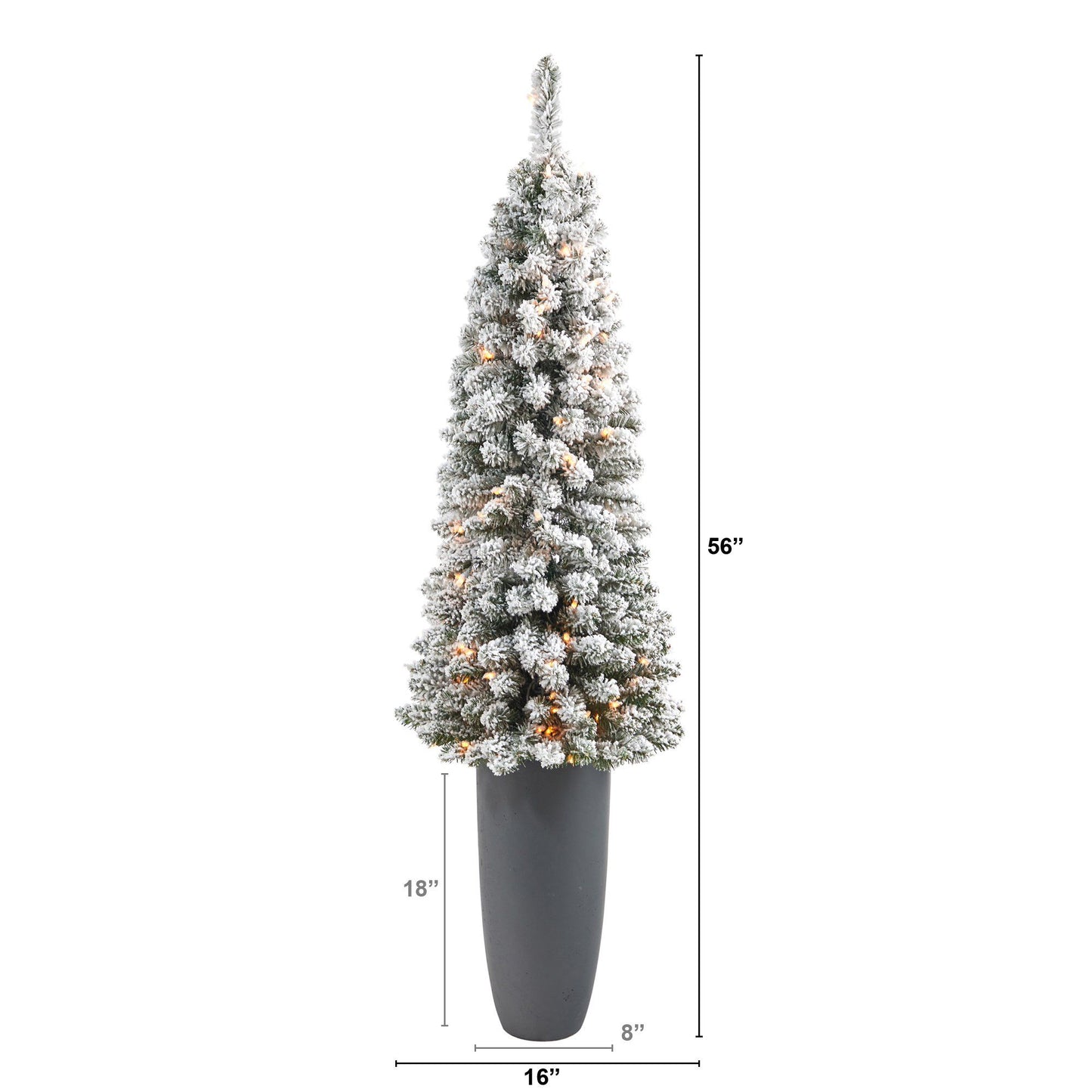 Árbol de Navidad artificial de 56" con forma de lápiz flocado, 100 luces transparentes y 216 ramas flexibles en macetero gris