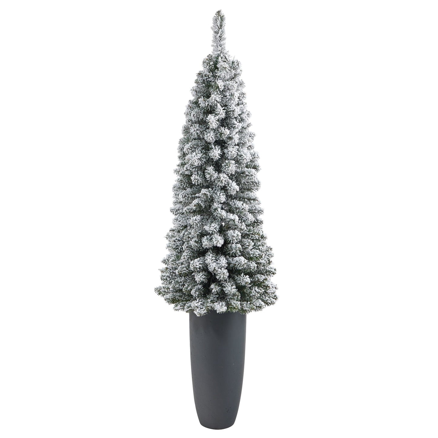 Árbol de Navidad artificial de 56" con forma de lápiz flocado, 100 luces transparentes y 216 ramas flexibles en macetero gris