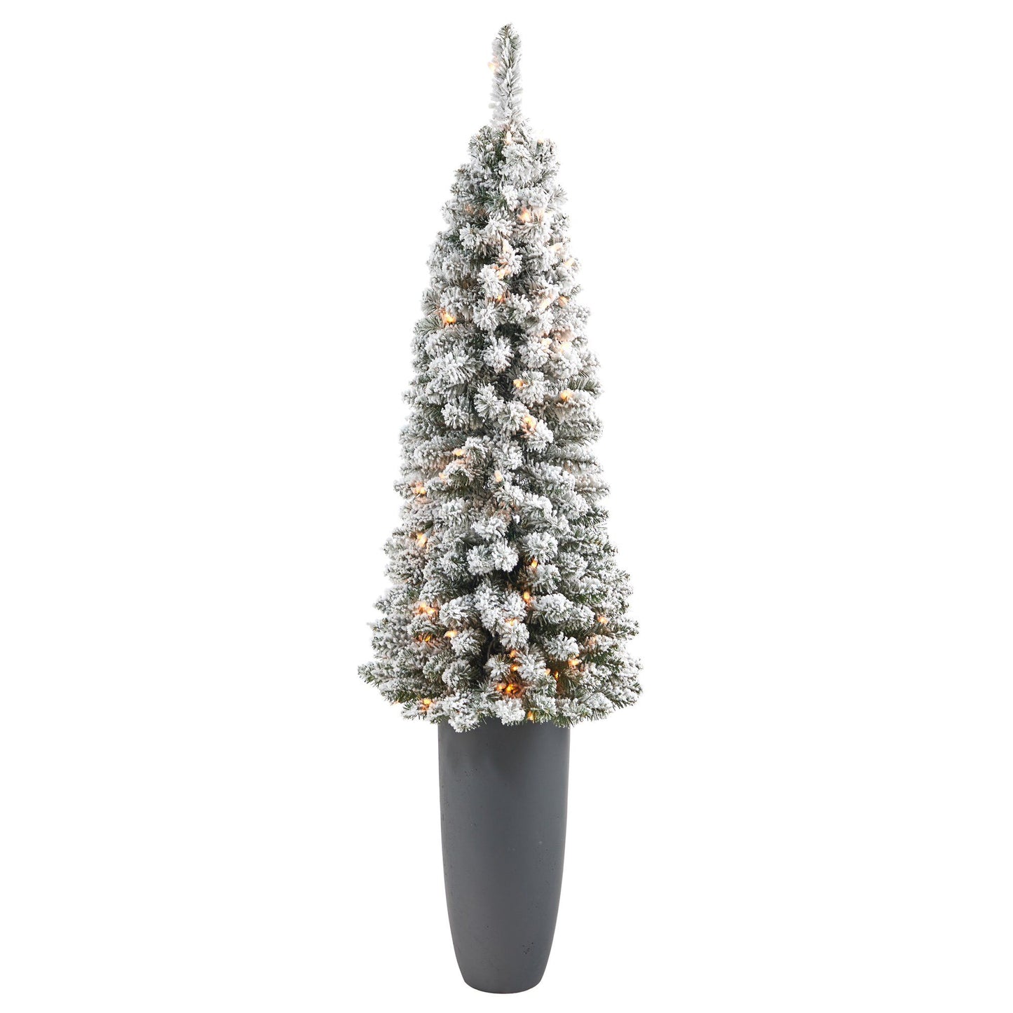 Árbol de Navidad artificial de 56" con forma de lápiz flocado, 100 luces transparentes y 216 ramas flexibles en macetero gris