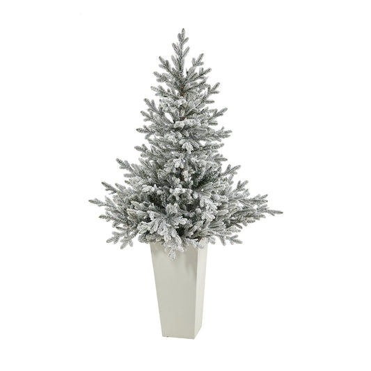 Árbol de Navidad artificial de abeto de Fraser flocado de 57" con 300 luces blancas cálidas y 967 ramas flexibles en macetero tipo torre