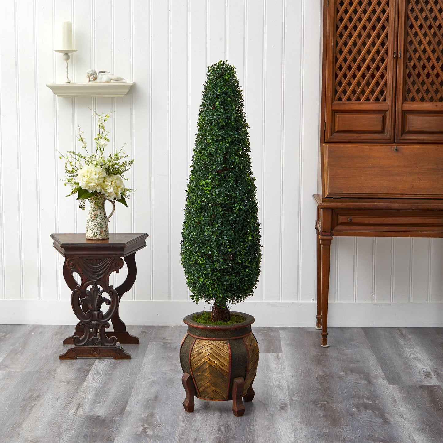 59” Boxwood Topiary Artificial Tree in Decorative Planter (Indoor/Outdoor)