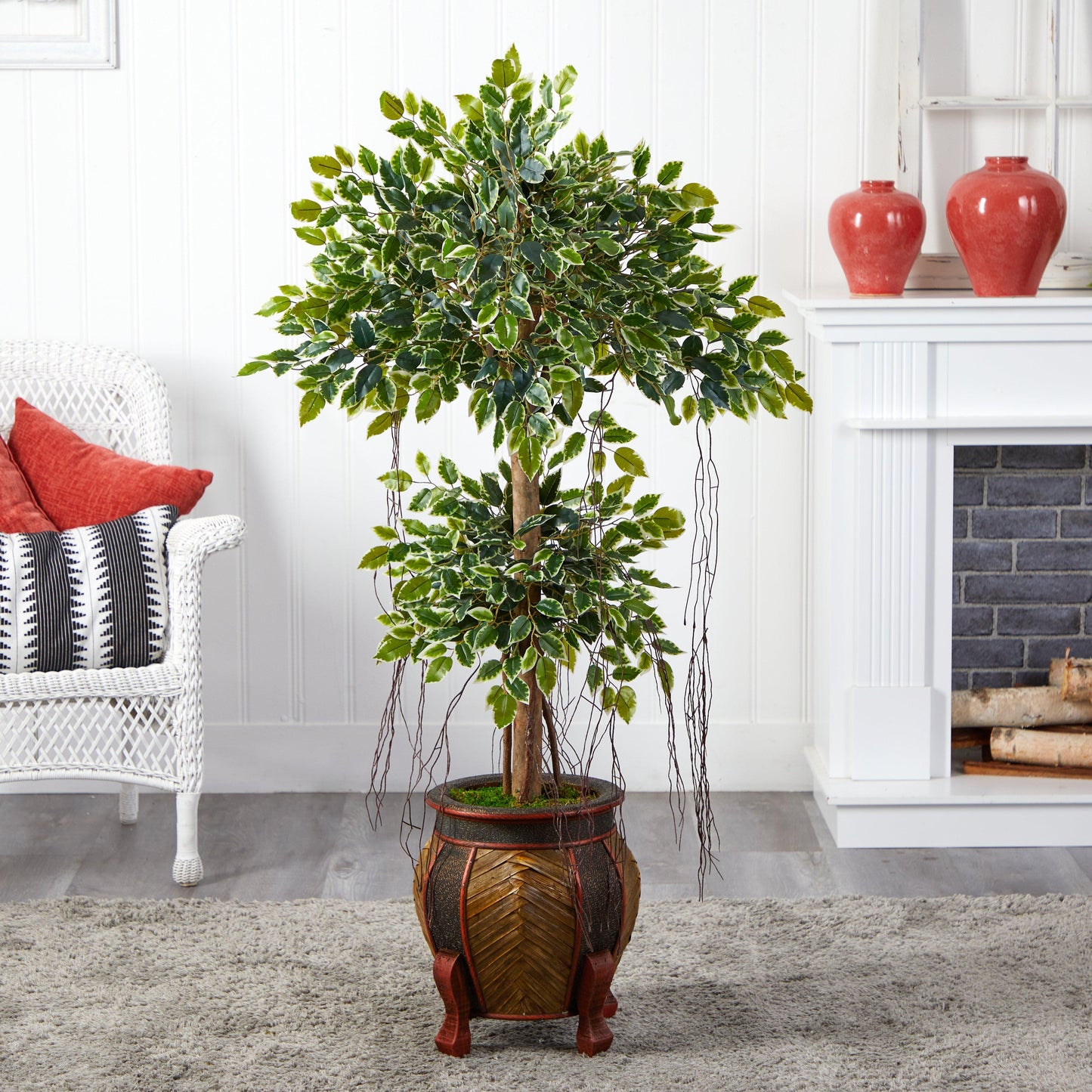 Arbre artificiel Ficus panaché de 59 po dans une jardinière décorative