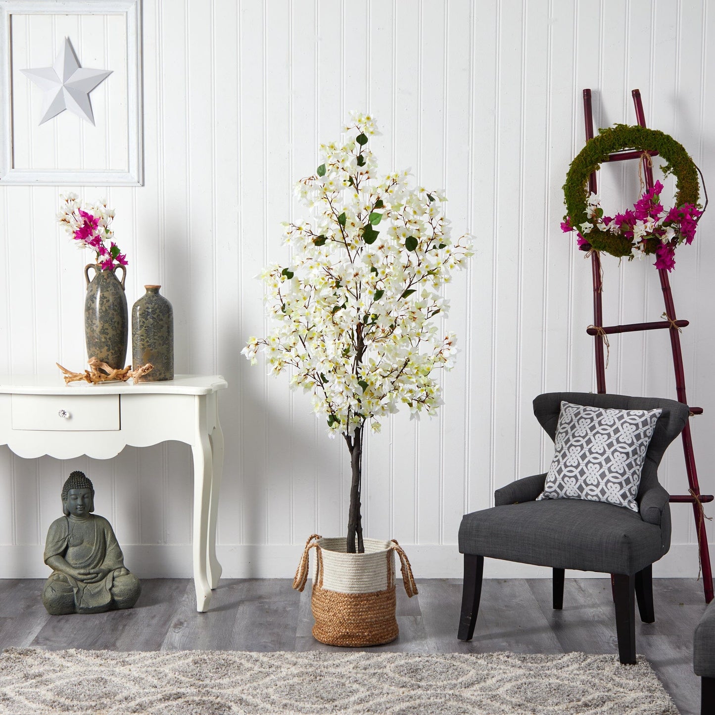 Bougainvillier artificiel de 6 pi avec panier en jute et coton fait à la main