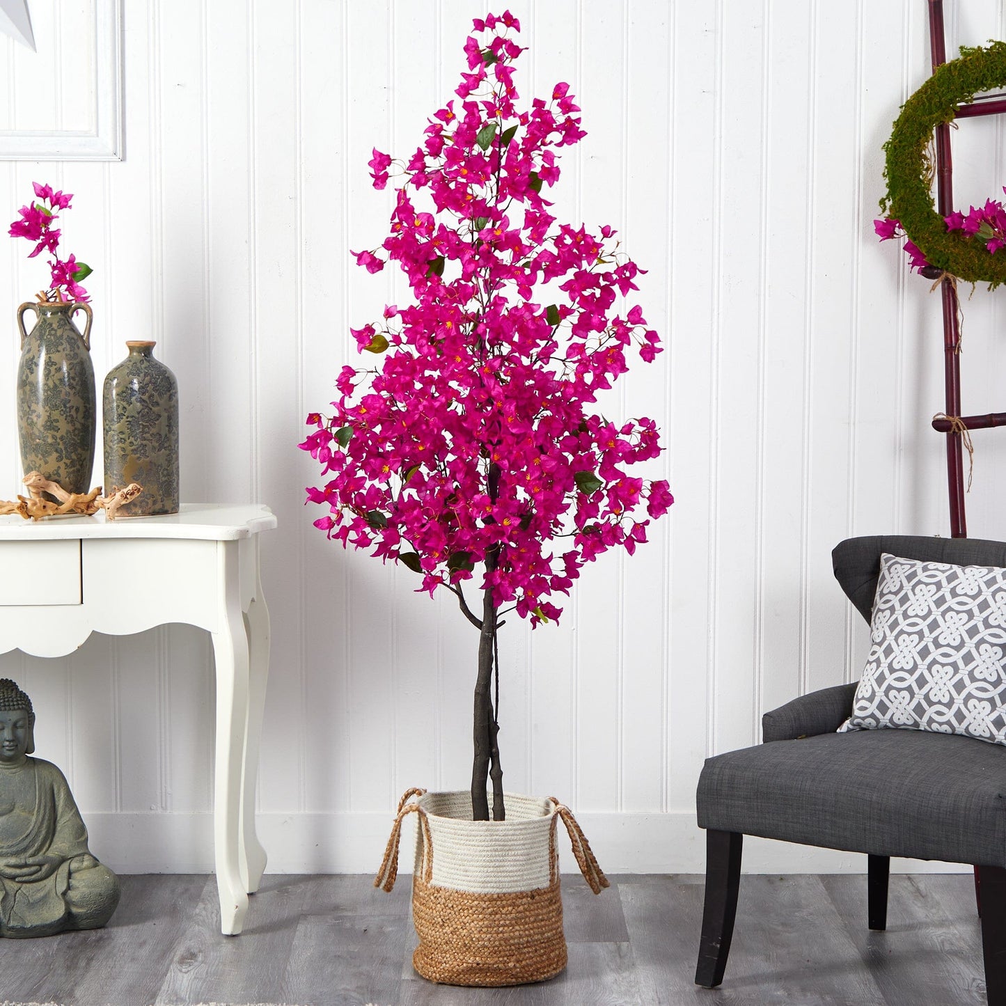 Bougainvillier artificiel de 6 pi avec panier en jute et coton fait à la main