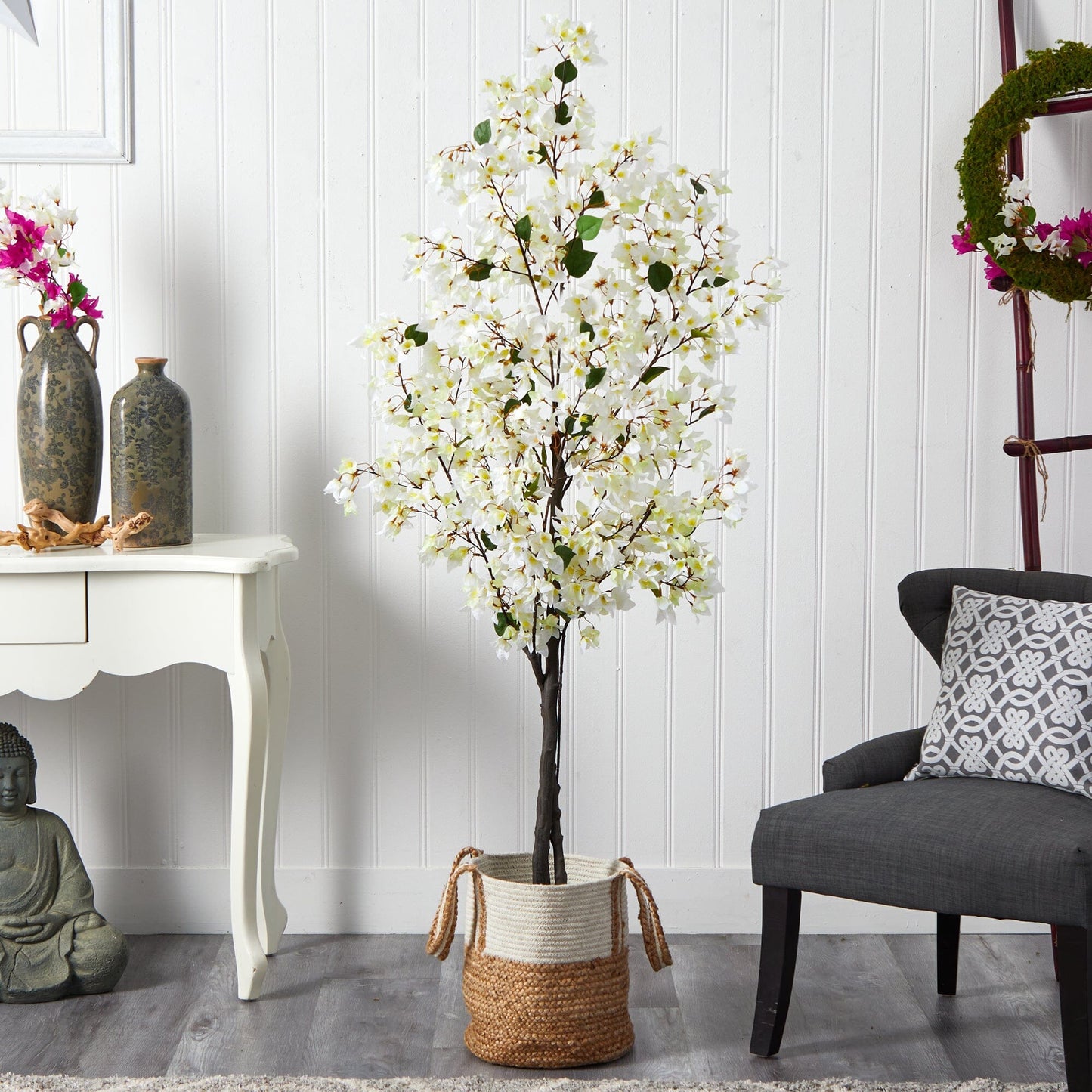 Bougainvillier artificiel de 6 pi avec panier en jute et coton fait à la main