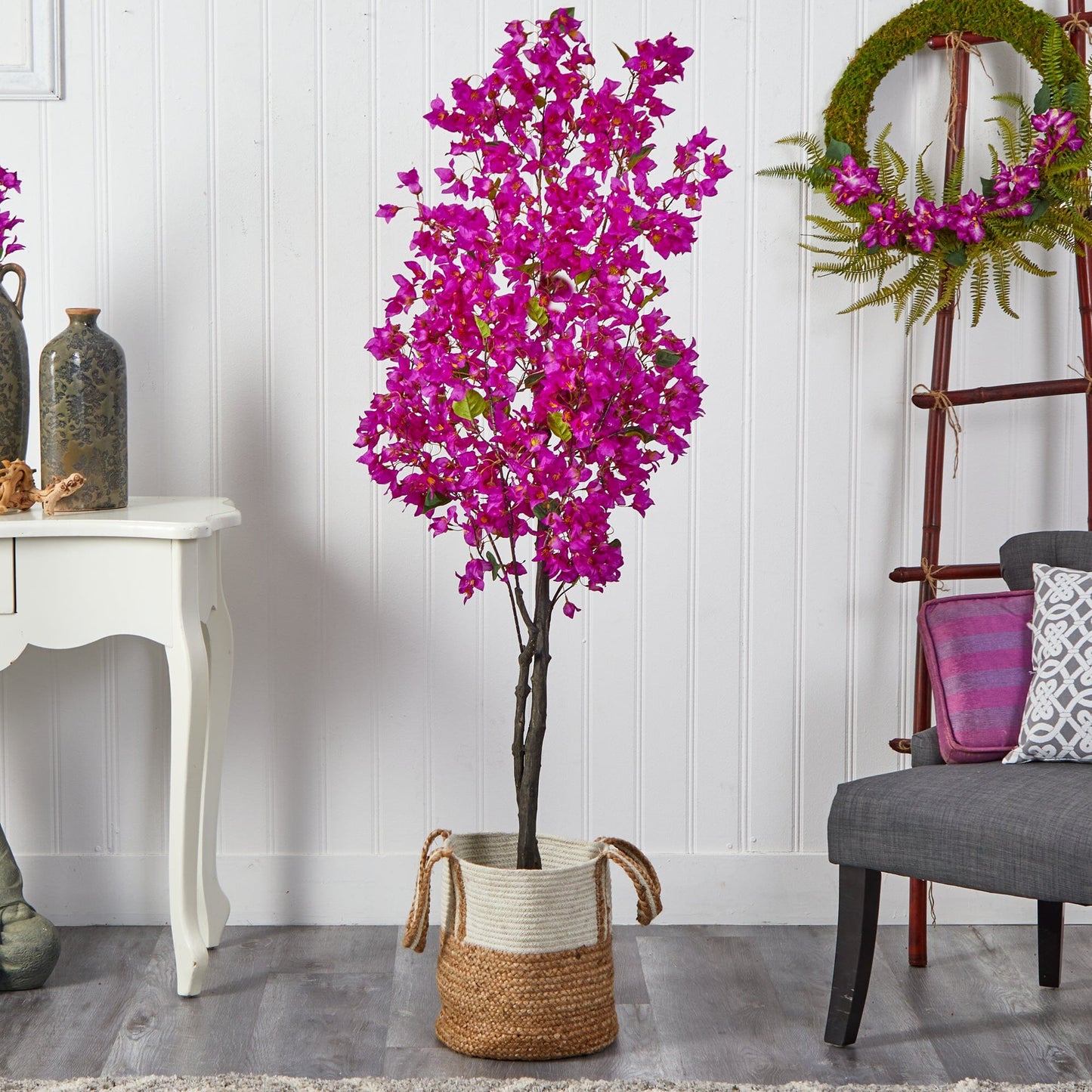 Bougainvillier artificiel de 6 pi avec panier en jute et coton fait à la main