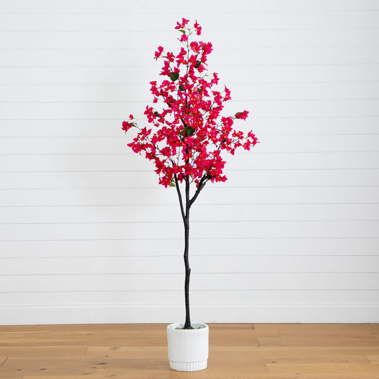 6’ Artificial Bougainvillea Tree with White Decorative Planter