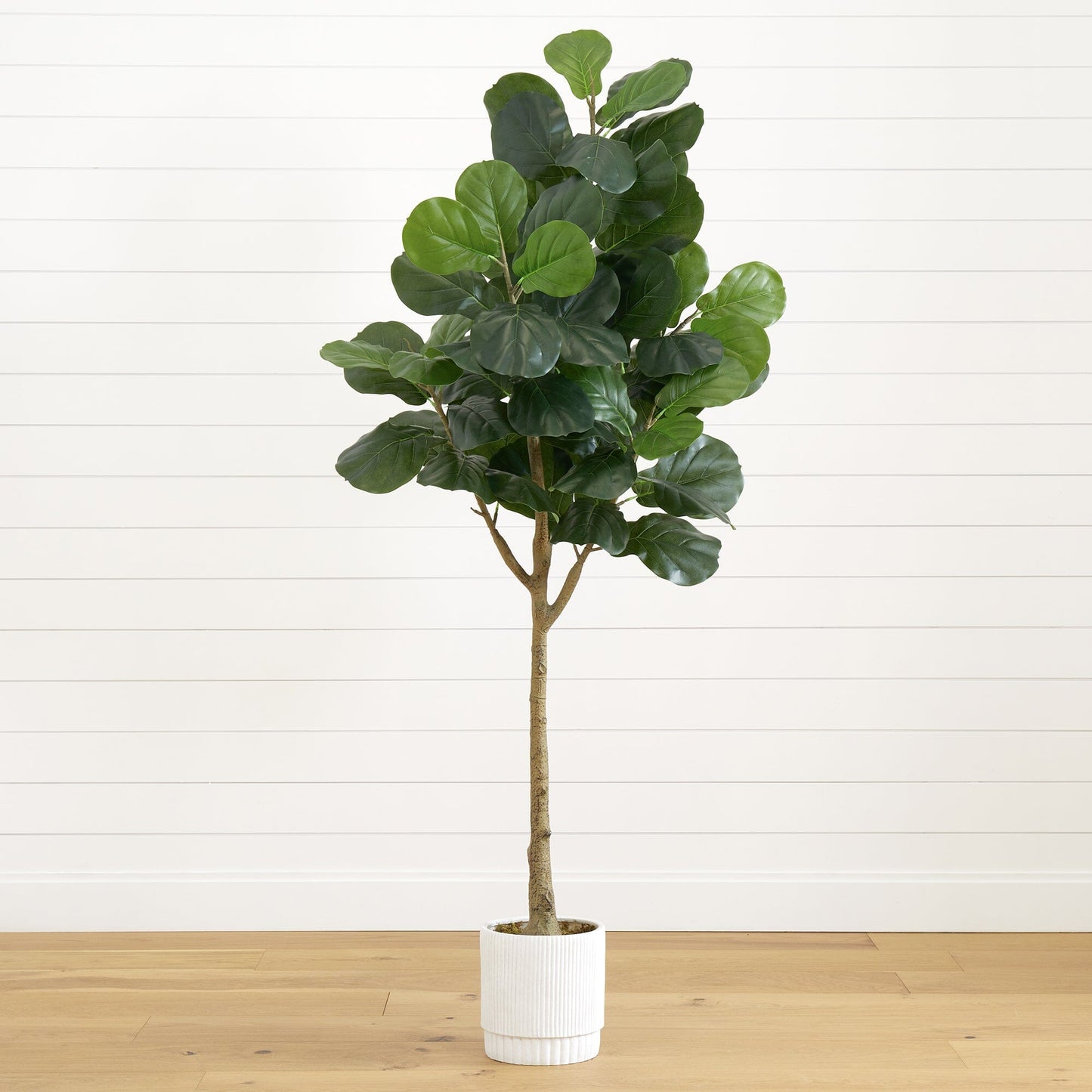 Árbol de hoja de violín artificial de 6 pies con macetero decorativo blanco