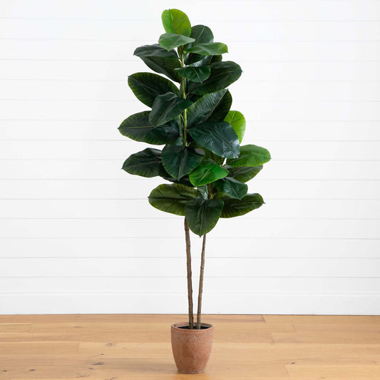 6’ Artificial Rubber Tree in Decorative Planter with Real Touch Leaves