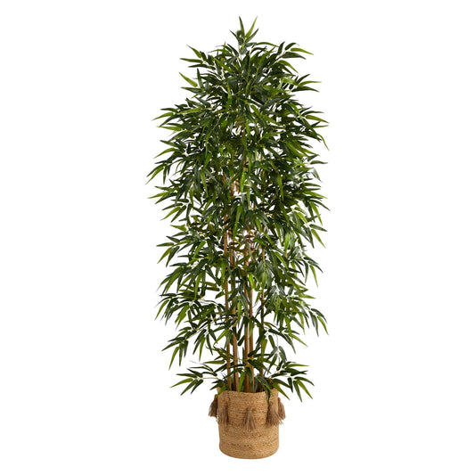 Árbol artificial de bambú de 6 pies con 1024 ramas flexibles en macetero de yute natural hecho a mano con borlas