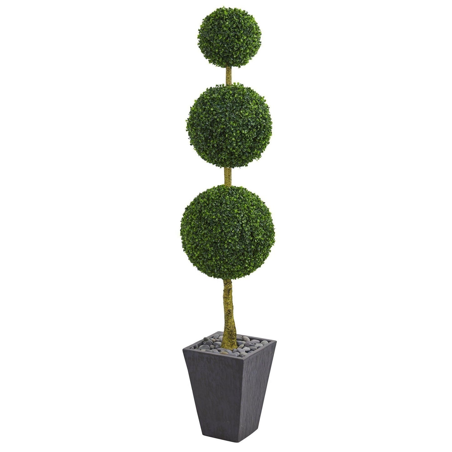 Árbol topiario artificial de tres bolas de boj de 6 pies en maceta de pizarra (interior/exterior)