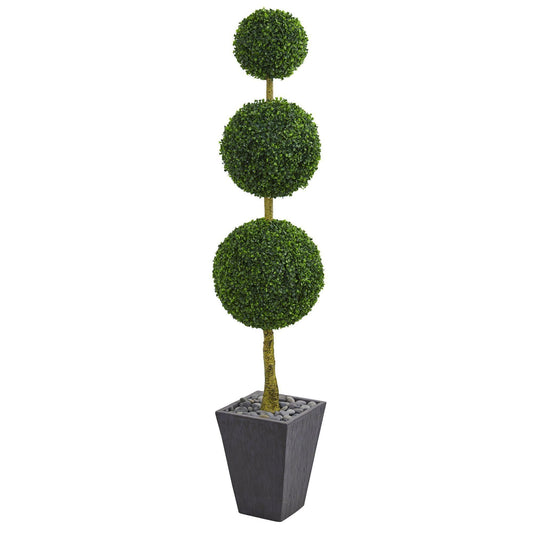 Arbre topiaire artificiel en buis triple boule de 6 pi dans une jardinière en ardoise (intérieur/extérieur)