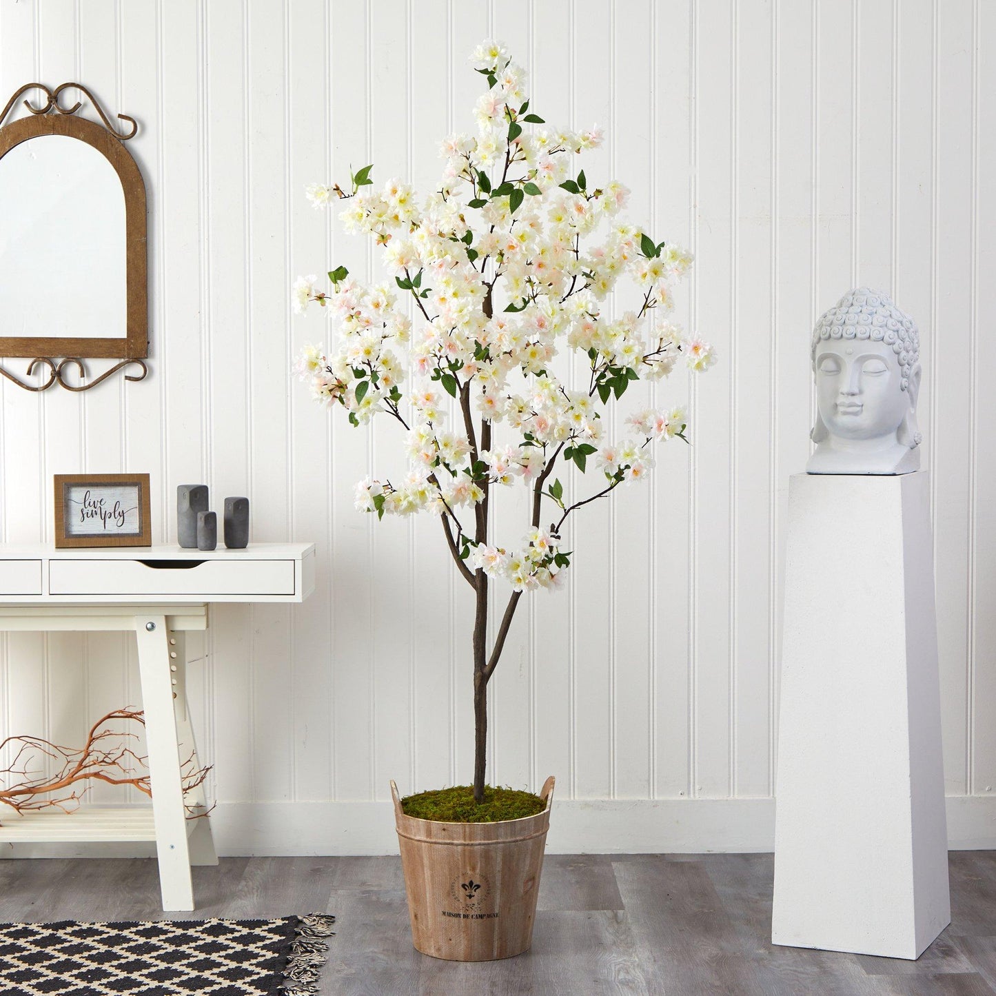 Árbol artificial de cerezo en flor de 6 pies en macetero de estilo rústico