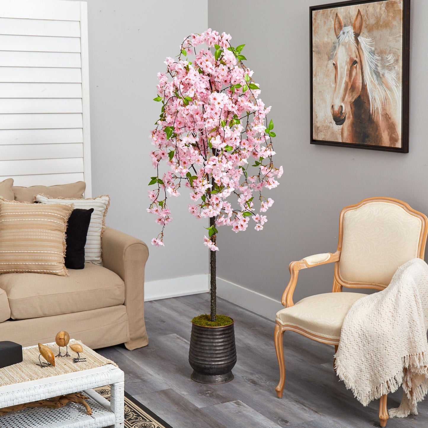 Arbre artificiel en fleurs de cerisier de 6 pi dans une jardinière en métal nervuré