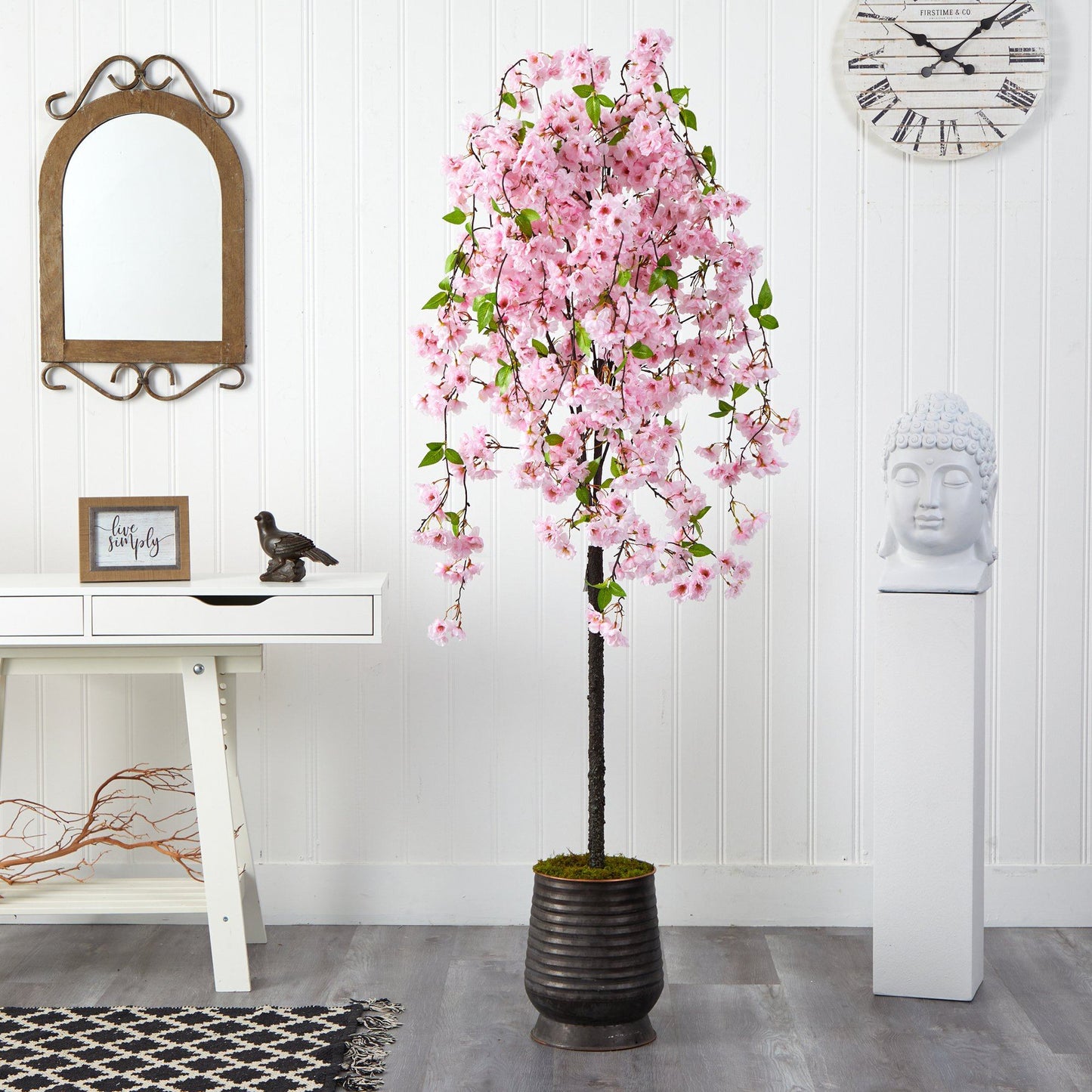 Arbre artificiel en fleurs de cerisier de 6 pi dans une jardinière en métal nervuré