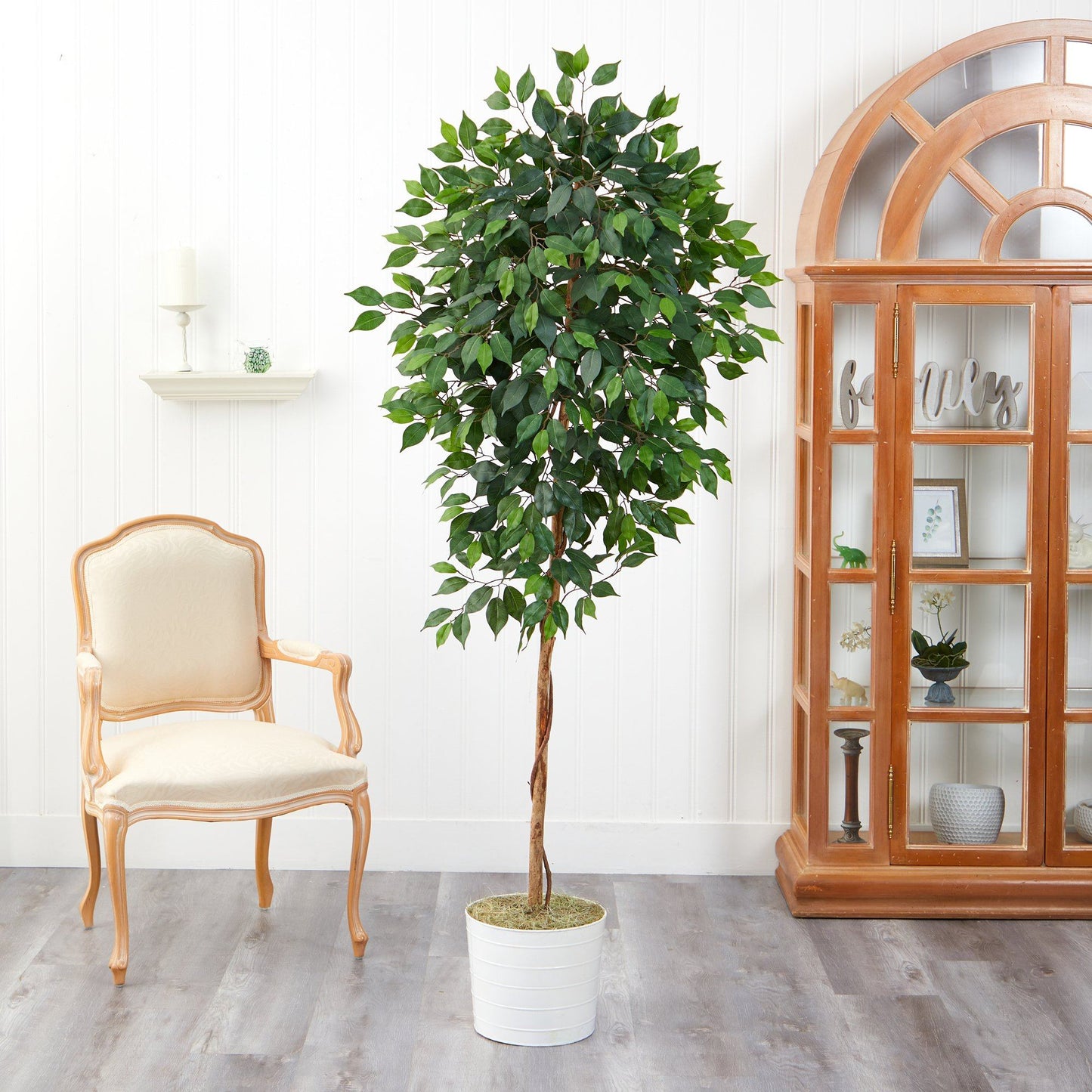 Arbre artificiel Ficus de 6 pi dans une jardinière en étain blanc