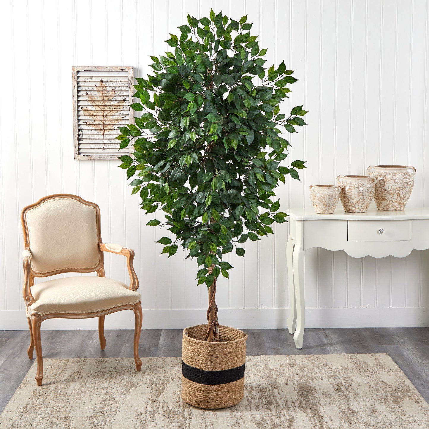 Arbre artificiel Ficus de 6 pi avec tronc naturel dans une jardinière en coton naturel faite à la main