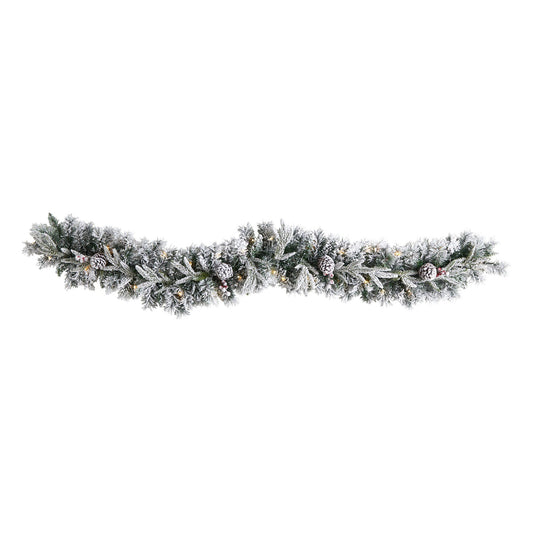6’ Flocked Artificial Christmas Garland with Pine Cones and 35 Warm White LED Lights - Nearly Natural