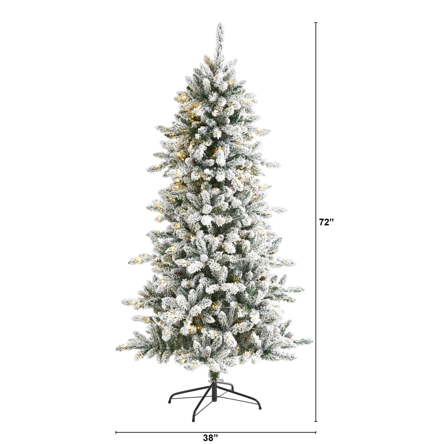 Árbol de Navidad artificial de abeto Livingston flocado de 6 pies con piñas y 300 luces LED transparentes y cálidas