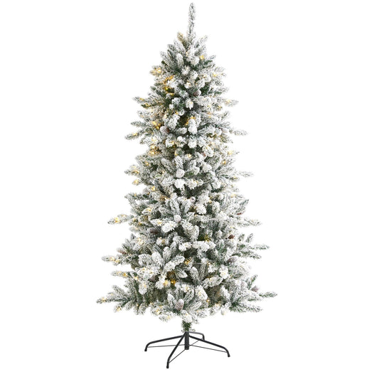 Árbol de Navidad artificial de abeto Livingston flocado de 6 pies con piñas y 300 luces LED transparentes y cálidas