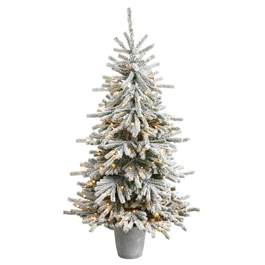 6’ Flocked Long Vermont Pine Tree with 758 Branches and 250 LED Lights in Decorative Planter