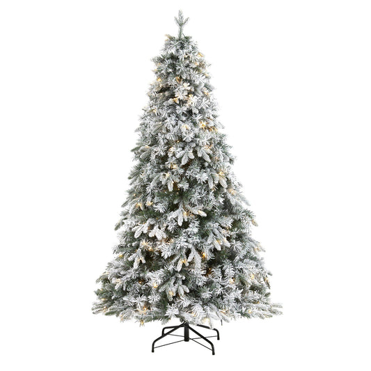 Árbol de Navidad artificial de pino mixto de Vermont flocado de 6 pies con 300 luces LED transparentes